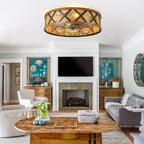 23 Inch Boho Rattan Flush Mount Ceiling Fan with Lights and Remote, 6 Speeds DC Motor Farmhouse Low Profile Bladeless Ceiling Fan