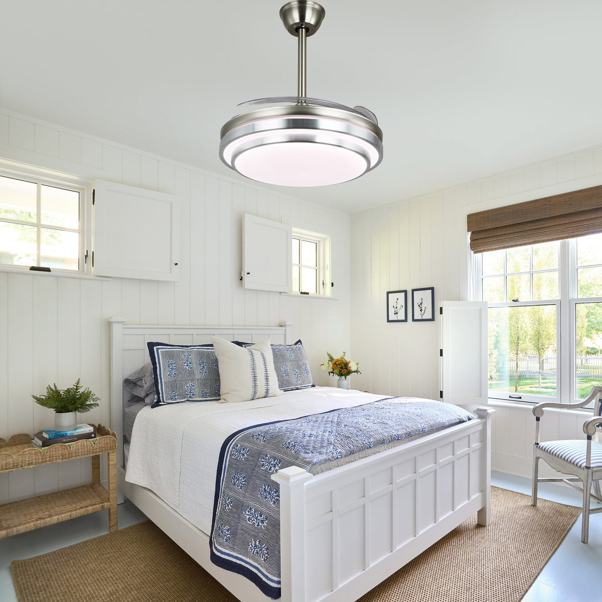 42 Inch Chrome Modern Retractable Ceiling Fan with Dimmable LED Light and Remote, 6 Speeds DC Motor Reversible Fandelier Ceiling Fan