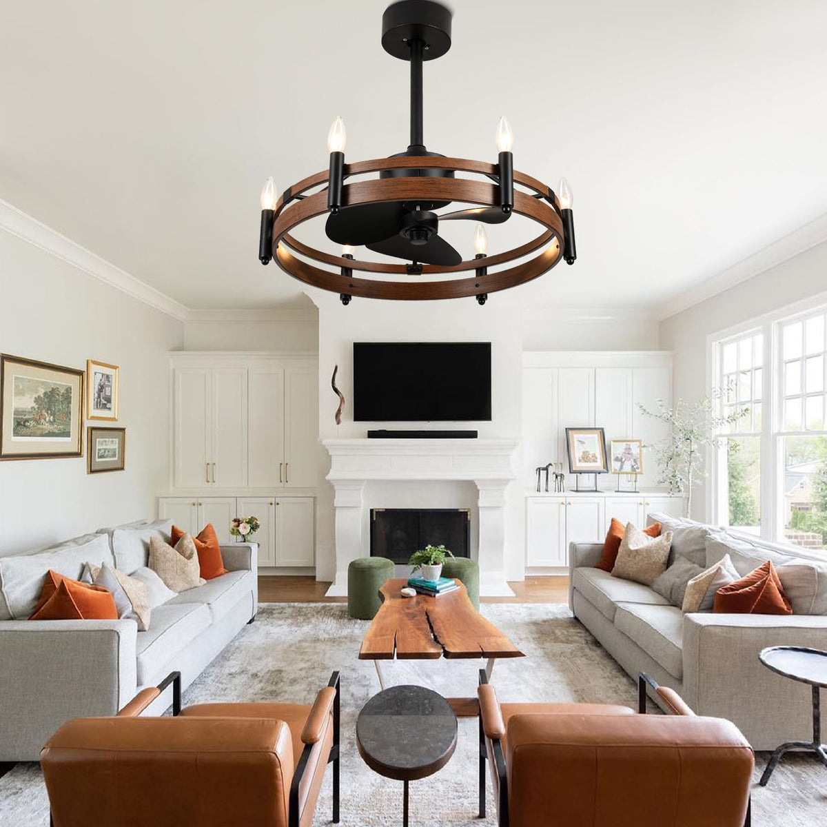 24 Inch Black Farmhouse Wagon Wheel Ceiling Fan with Lights and Remote, 6 Speeds DC Motor Reversible Bladeless Fandelier Ceiling Fan