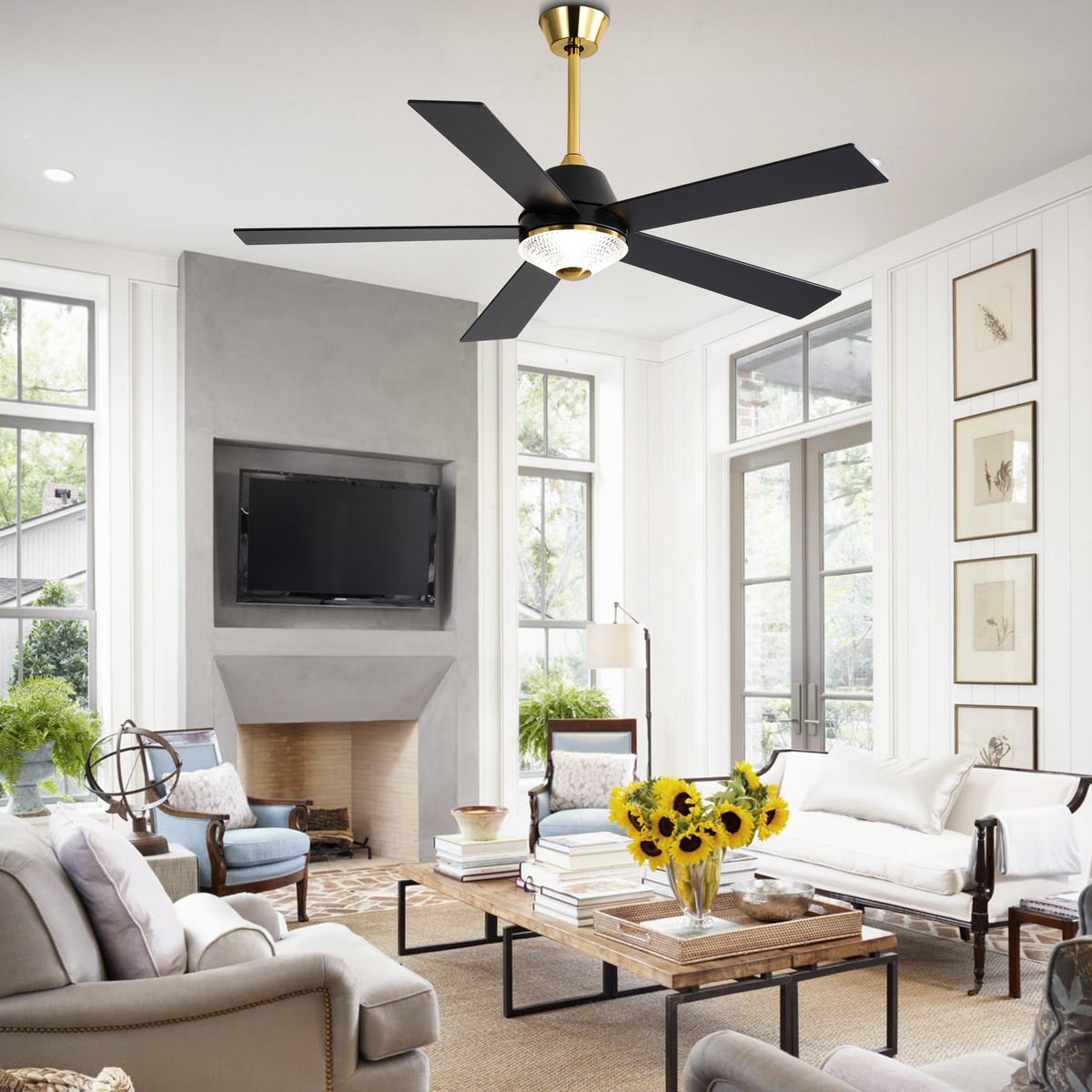 52 Inch Black and Gold Modern Ceiling Fan with LED Light and Remote Control, 6 Speeds DC Motor 5-Blade Reversible Ceiling Fan for Living Room