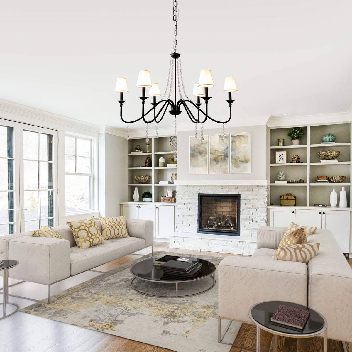 6-Light Classic Crystal Chandelier 34.7 Inch Traditional Chandelier Pendant Light Fixture with Fabric Shade