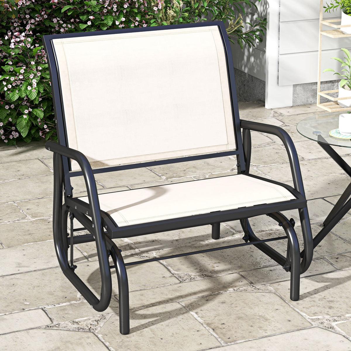 Porch Glider Chair with Mesh Fabric, Curved Armrests and Steel Frame, Cream White