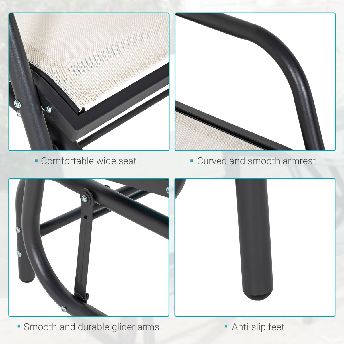 Porch Glider Chair with Mesh Fabric, Curved Armrests and Steel Frame, Cream White