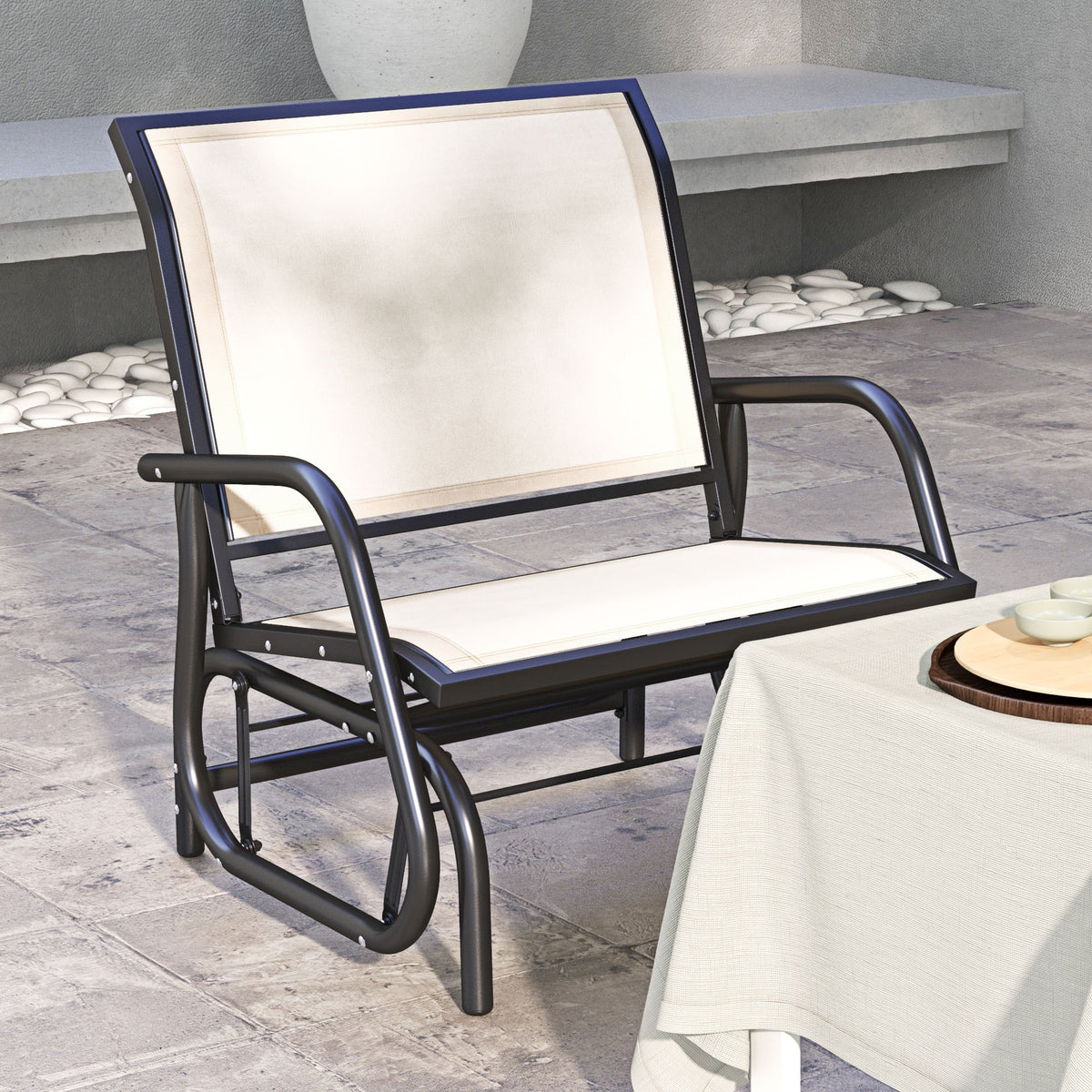 Porch Glider Chair with Mesh Fabric, Curved Armrests and Steel Frame, Cream White