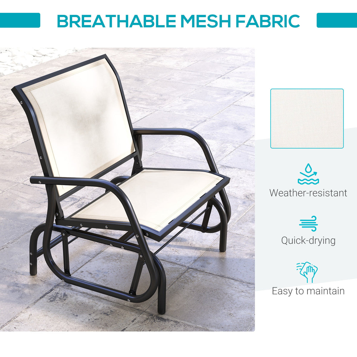 Porch Glider Chair with Mesh Fabric, Curved Armrests and Steel Frame, Cream White
