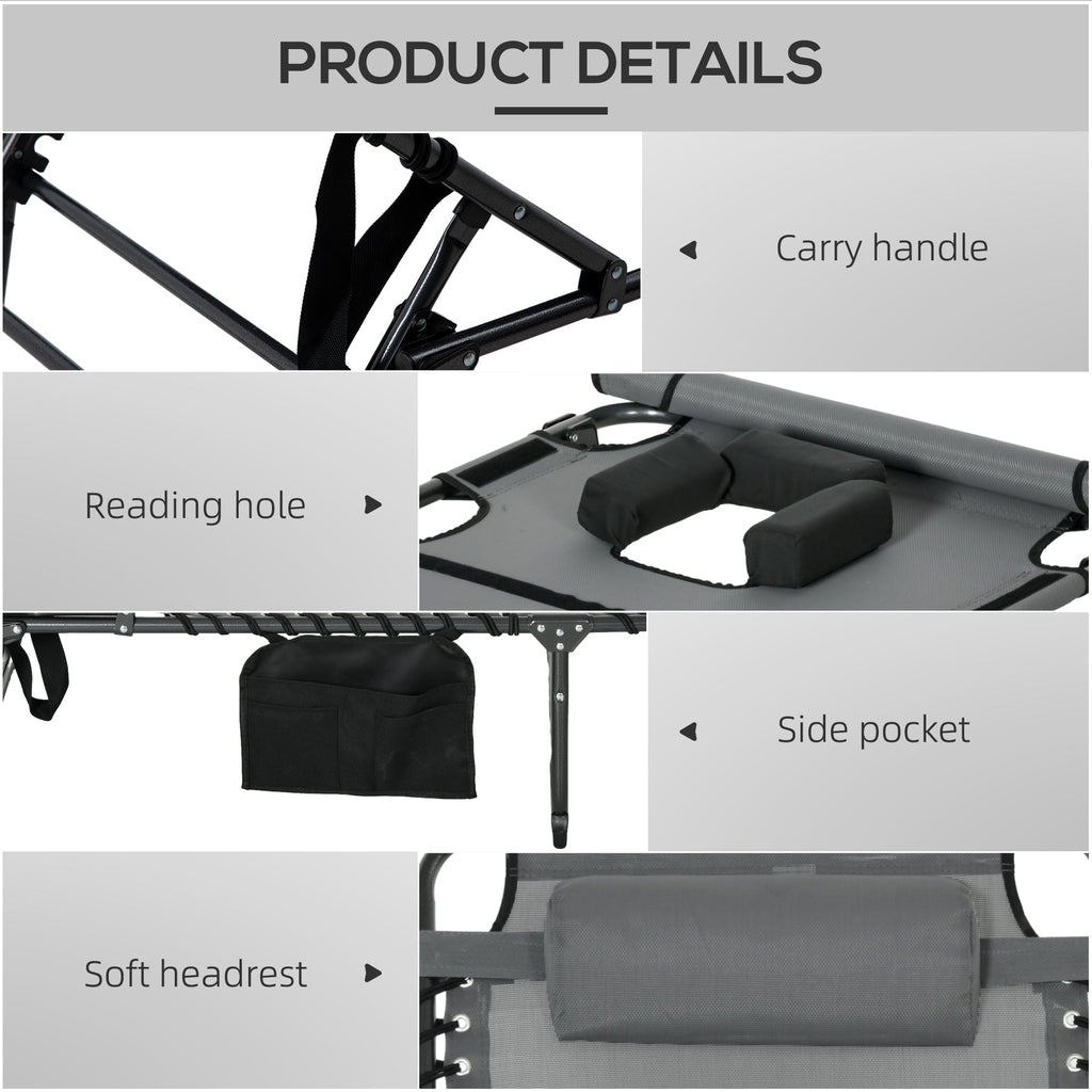 Adjustable Folding Chaise Lounge Chair with 5-Level Recline, Headrest & Side Pocket, Gray