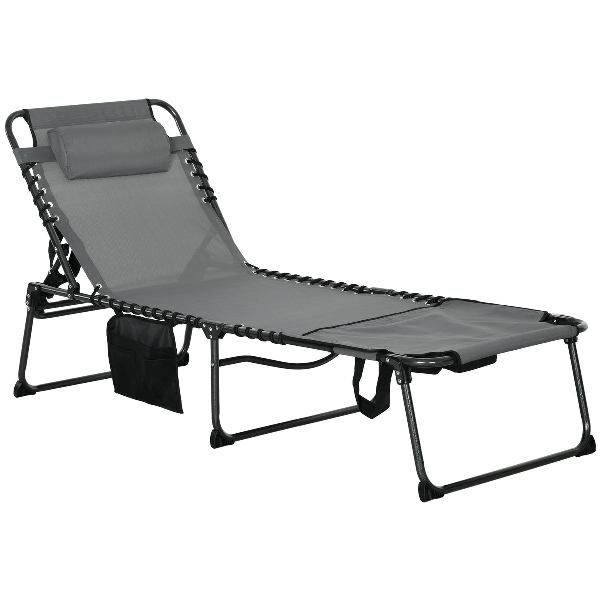 Adjustable Folding Chaise Lounge Chair with 5-Level Recline, Headrest & Side Pocket, Gray