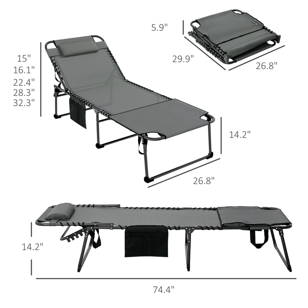 Adjustable Folding Chaise Lounge Chair with 5-Level Recline, Headrest & Side Pocket, Gray