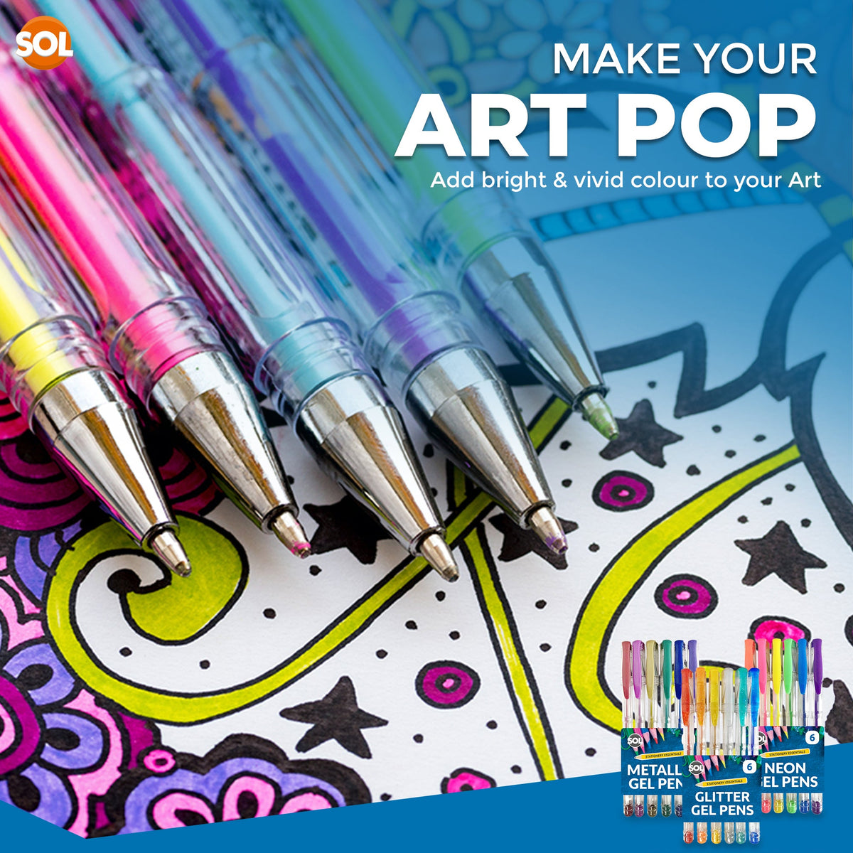 SOL 18pk Gel Pens, 3 Sets of Assorted Coloured Gel Pens for Writing, Glitter, Neon & Metallic Inks in Vibrant Colours, Smooth Ink Flow, Perfect for Journaling, Drawing, Crafting, and Office Supplies