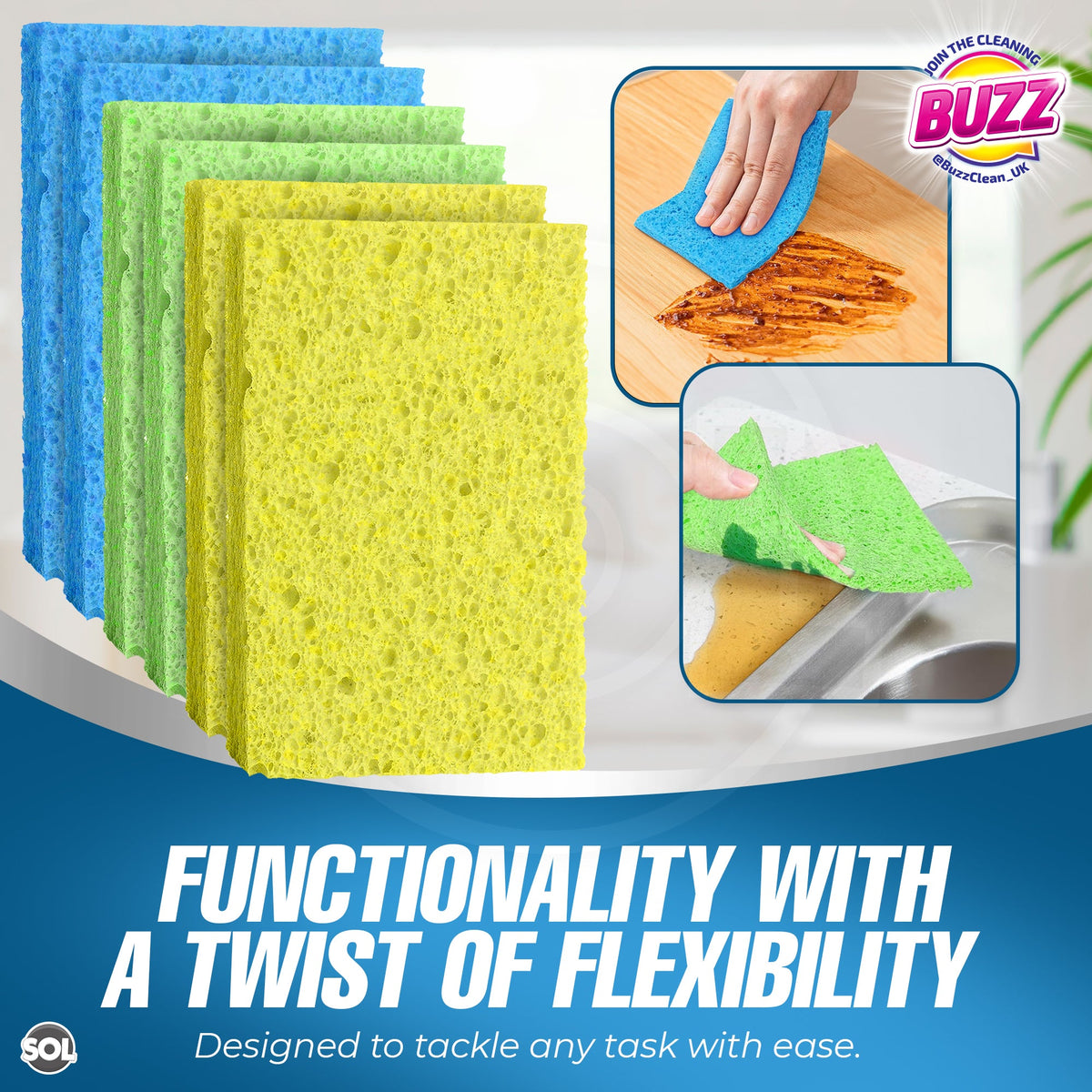 Cellulose Kitchen Sponges | Absorbent Cleaning Pads | 6 Pack