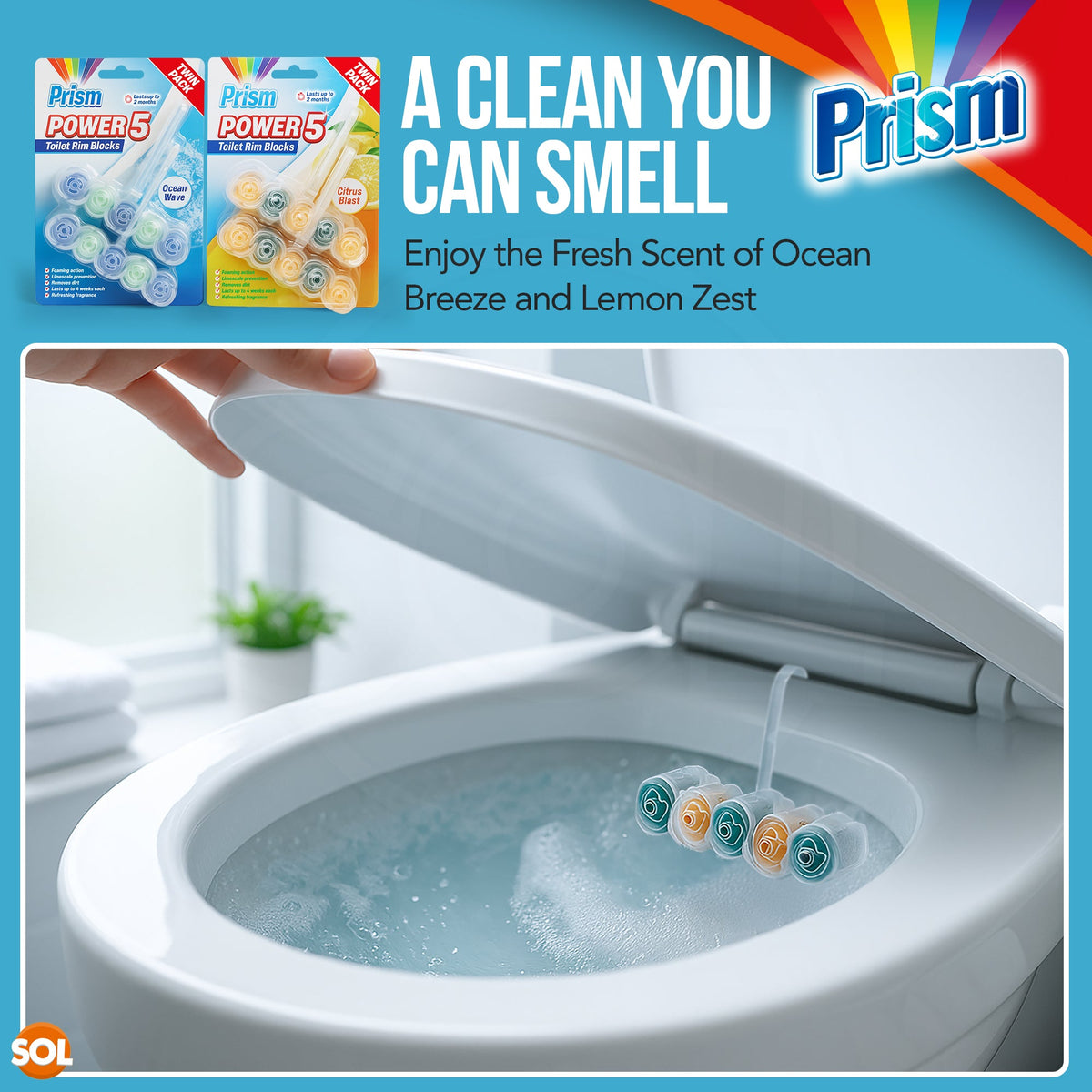4pk Toilet Rim Blocks Multipack, Lemon & Ocean Fresh Scented Fragrance Cleaner with Foaming Action Limescale Prevention, Lasting Freshness in Every Flush, Daily Bathroom Odour Deodoriser 180g(45gx4)