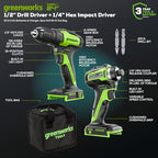 Greenworks 24V MAX Cordless Brushless Drill & Impact Driver Combo Kit, Electric Drill Set, High Torque, Lightweight, Professional Grade, Includes 2x 2.0Ah Batteries, Charger, and Storage Bag - size: 2PCS Combo Kits