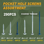 LIONMAX Pocket Hole Screws Assortment Kit 290PCS, Coarse Thread in 4 Sizes - size: Coarse Thread (290pcs)