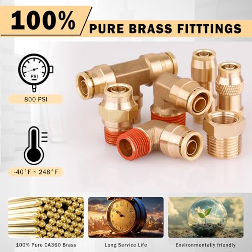 CheeMuii 72 PCS Brass DOT Air Line Fittings with 1/4" & 3/8" DOT Air Hoses - size: 2ROLL-76PCS