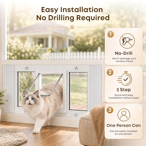 Cat Door for Window, Adjustable 27"-32", 4 Locking Modes + Extra Security Lock for Outside Safety, Window Pet Door with Magnetic Self-Closing, No-Drill Installation, Weatherproof Aluminum Frame Insert - size: 27-32 inches