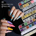 FANDAMEI 3D Gel Kit, 15g 3D Nail Sculpting Gel, 5 Box Nail Pearls Charms and Gems Clear&AB Nail Rhinestones, Metal Nail Beads&Gold Silver White Pearl Chrome Powder for DIY Manicure, UV/LED Lamp Needed