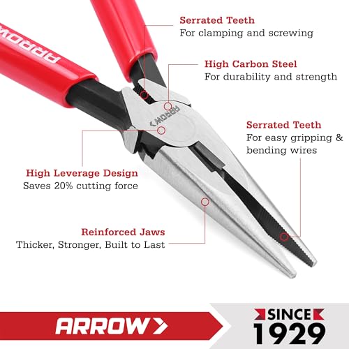 ARROW 6" High Leverage Needle Nose Pliers, Long Nose Pliers - size: 6 INCH