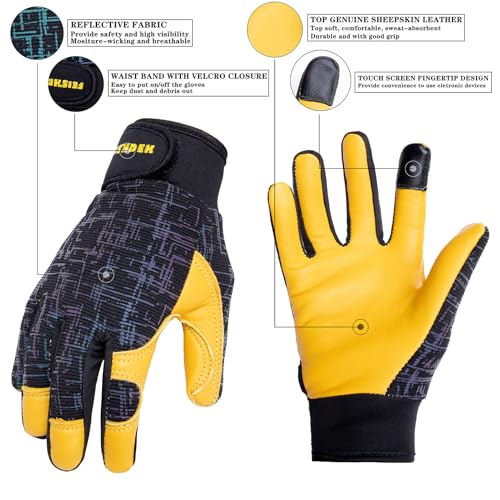 Kids Genuine Leather Work Gloves Age 2-12, Touchscreen, Reflective - color: Black 2 Pairs, size: Medium (6-9 Years Old)