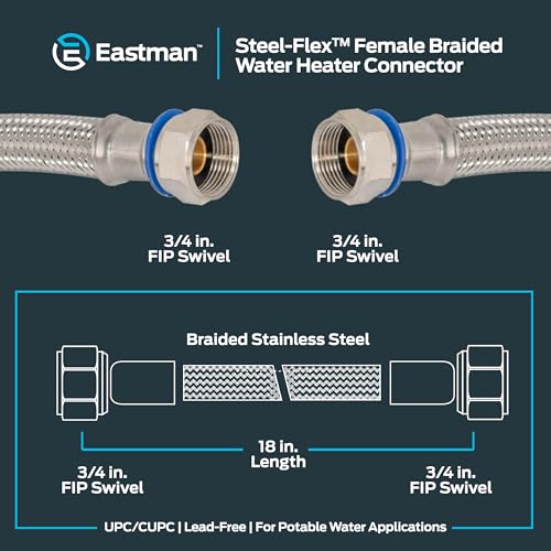 Eastman 18 Inch Steel-Flex Water Heater Connector, 3/4 Inch x 3/4 Inch FIP Swivel, Braided Stainless Steel Water Heater Connectors, 48251 - size: 18 Inch