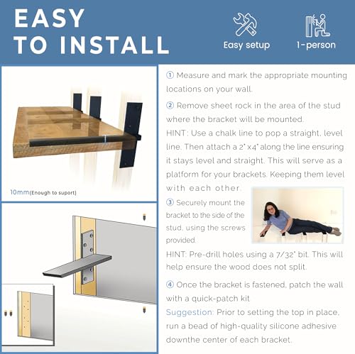 Floating Shelf Bracket Heavy Duty 1/2" Thick Free Hanging Countertop Support Bracket 2 Pack 12" Lx2.5 W Hidden Shelf Bracket for Floating Wall Countertops, Bars, Desks, Bench Seats, Vanities, Mantels - size: 12 Inch, style: Black- 2 pack