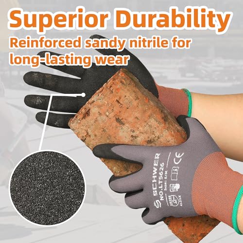 Schwer 6 Pairs Work Gloves Sandy Nitrile Coated, Touchscreen, LT5626, L - color: Grey, size: Large