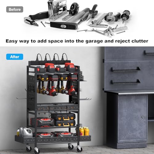 CCCEI Garage Power Tools Organizer Cart with Charging Station, Black Floor Standing Rolling Drill and Tools Battery Storage Cart on Wheels. Black Utility Rack Gift for Men, Husband, Father. - size: Large