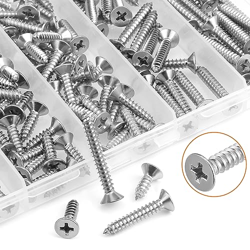 #8 x 1/2" 5/8" 3/4" 1" 1-1/4" Wood Screws Set, HELIFOUNER 140 Pieces Phillips Countersunk Head Self-Tapping Screws Assortment Kit, Phillips Flat Head Wood Screws, 304 Stainless Steel - size: #8