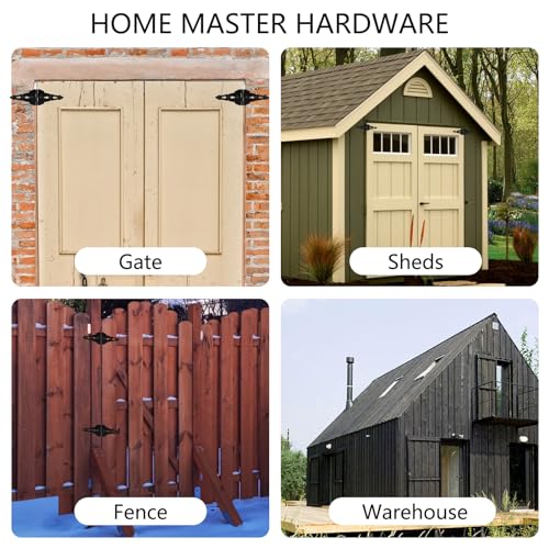 HOME MASTER HARDWARE Wood Gate Hardware Set-Heavy Duty 8" Decorative Strap Hinges and Spring Loaded Latch Gate Kit with Screws for Outdoor Fence Swing Gate Black Finish (Pack of 2) - size: 8" Decorative Strap Hinges (Pack of 2)