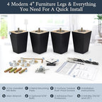 Airy Abode Premium Black Square Furniture Legs (Full Install Kit) - Pick Your Size and Color - color: Black, size: 4 Inches