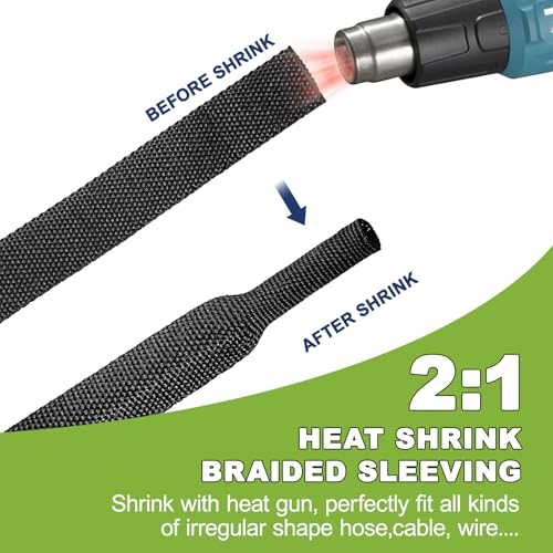 2:1Heat Shrink Wire Loom Braided Cable Sleeves,Heat Resistant Fabric Woven Shrink Tubing Wiring Harness for Protection Automotive,Harness Cable,Cable Management (2"-12ft) - size: 2"-12ft
