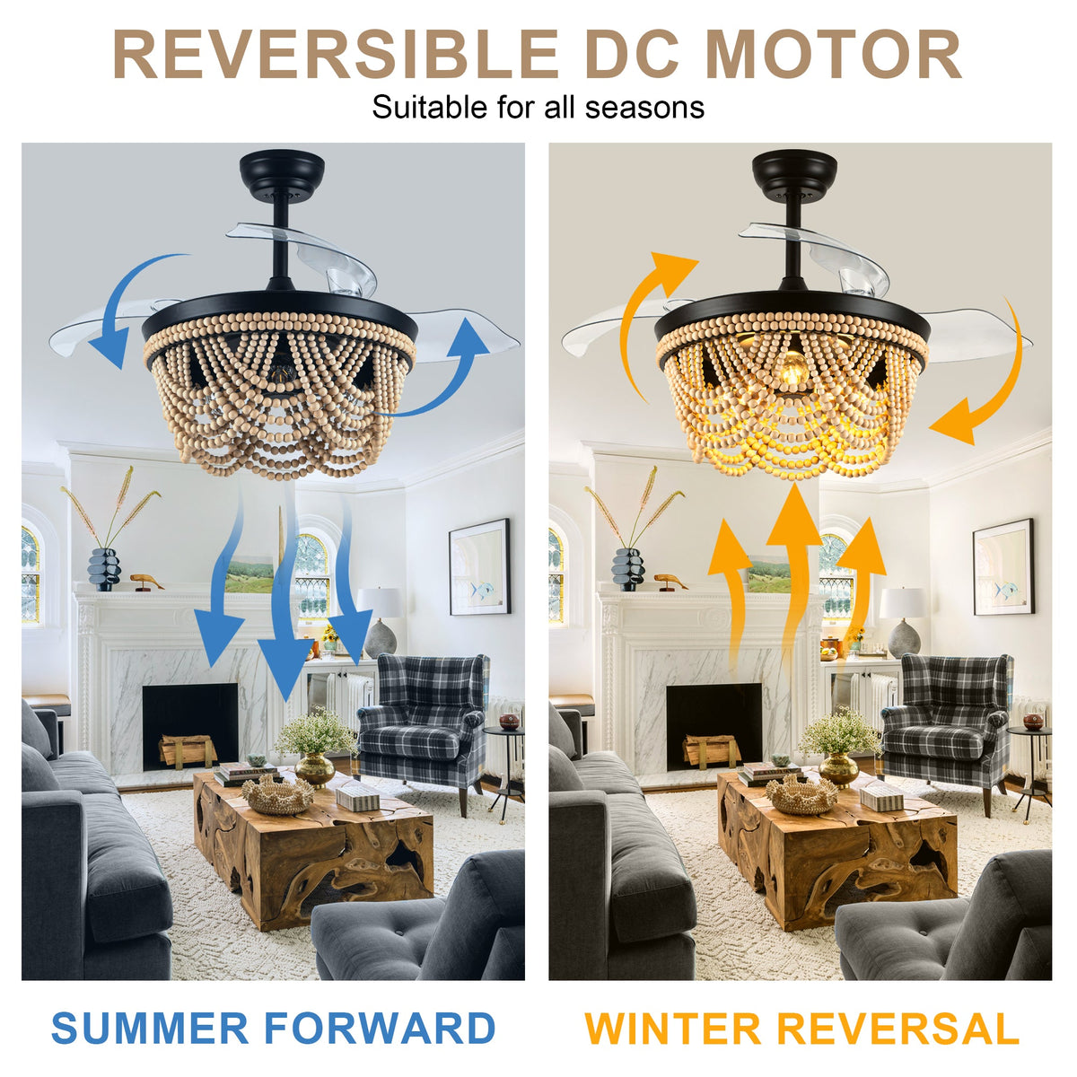 42 Inch Black Boho Retractable Ceiling Fan with Lights and Remote, 6 Speeds DC Motor Bladeless Fandelier Ceiling Fan with Wood Beaded Shade