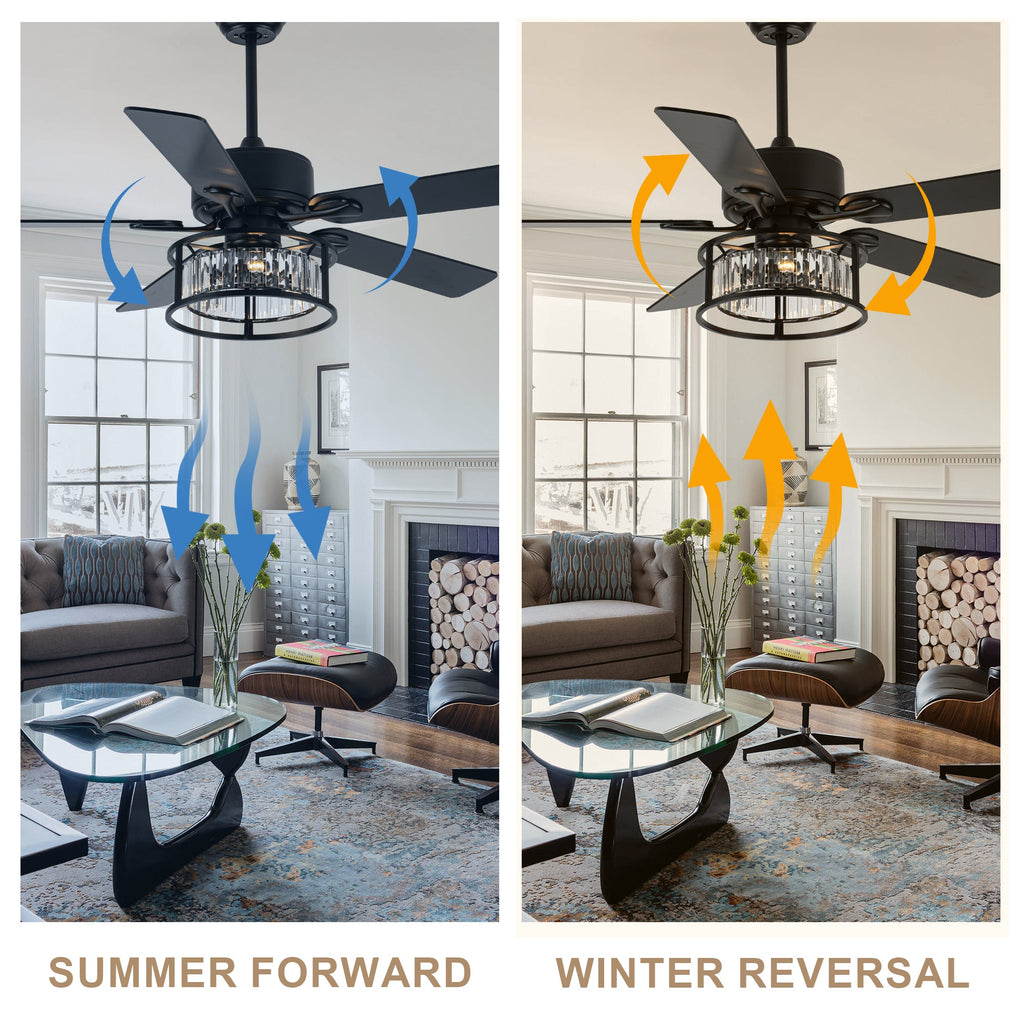 52 Inch Modern Glam Crystal Ceiling Fan with Lights and Remote, 6 Speeds DC Motor Black Reversible Ceiling Fan with Crystal Cage
