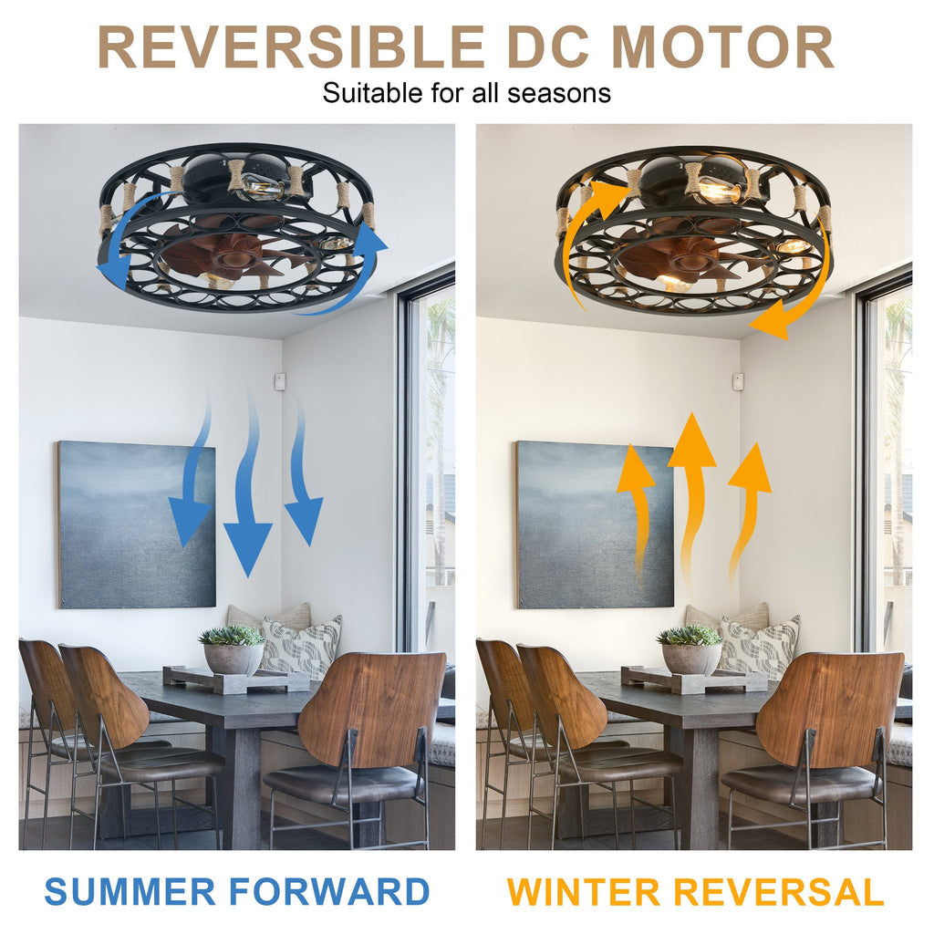 19 Inch Black Farmhouse Flush Mount Ceiling Fan with Lights and Remote, 6 Speeds DC Motor Bladeless Ceiling Fans for Low Profile Ceiling
