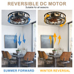 19 Inch Black Farmhouse Flush Mount Ceiling Fan with Lights and Remote, 6 Speeds DC Motor Bladeless Ceiling Fans for Low Profile Ceiling
