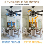 52 Inch Industrial Metal Caged Ceiling Fan with Lights and Remote Control, Silent DC Motor Fan for All Seasons