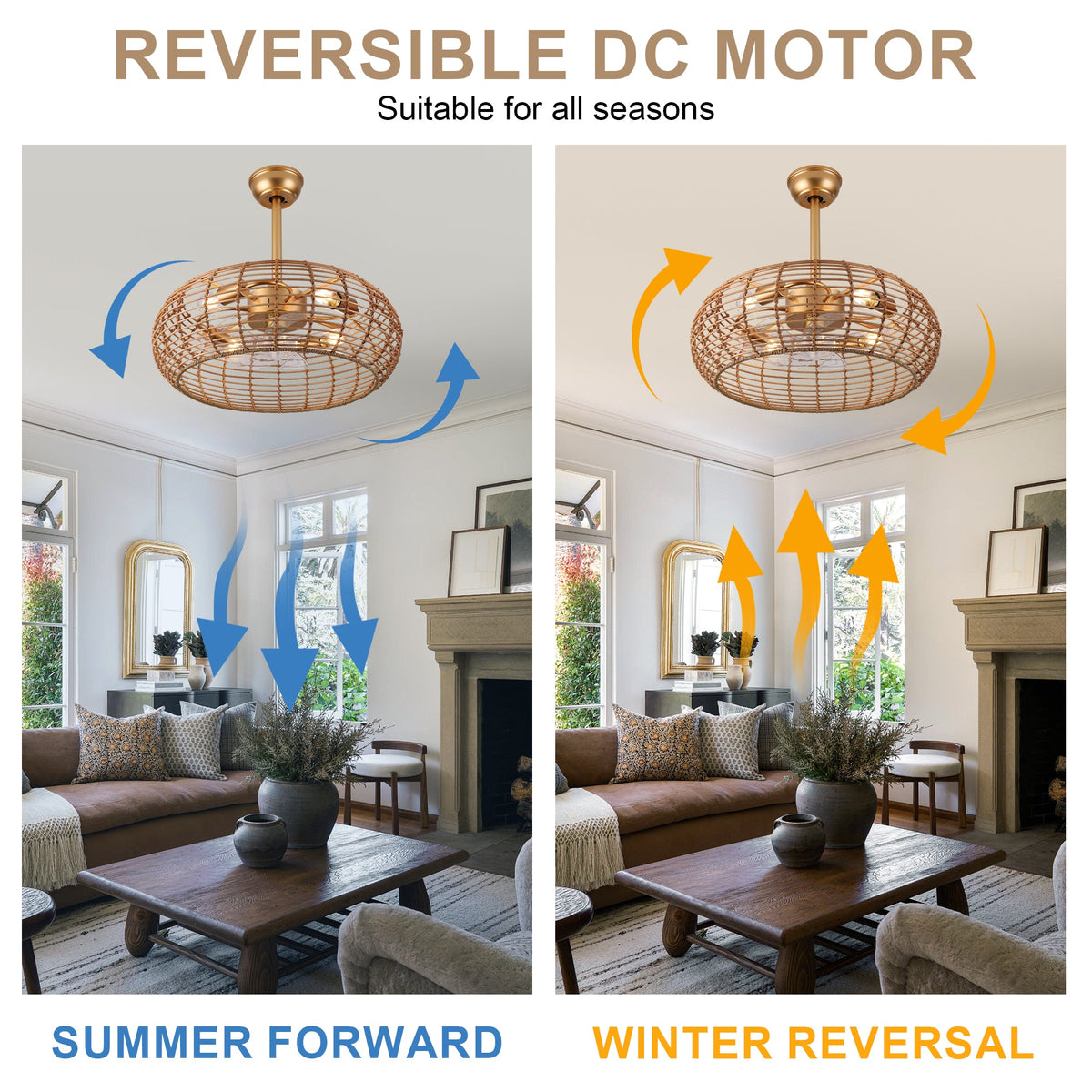 Bohemian 20 Inch Retractable Ceiling Fan with Light Quiet DC Motor Reversible 6-Speed Ceiling Fan with Light Retro 4-Light Ceiling Fan Suit for Living Room, Bedroom, Kitchen