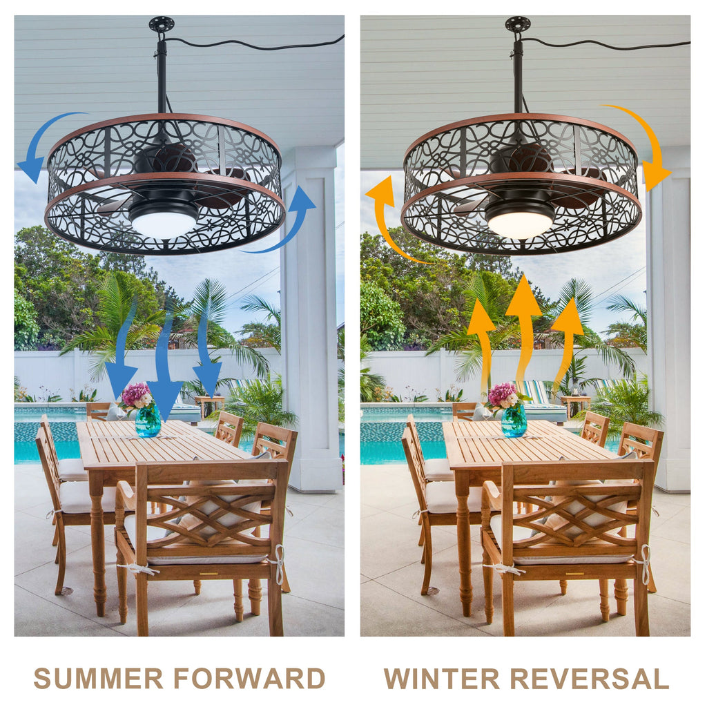 24 Inch Farmhouse Outdoor Waterproof Ceiling Fan with LED Light and Remote, 6 Speeds Black Plug In Caged Outdoor Fan Light