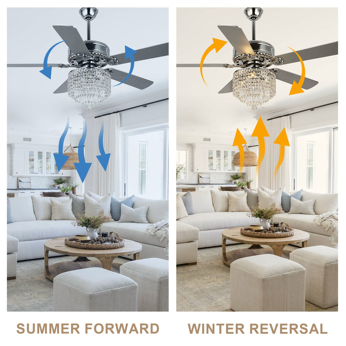 52 Inch Chrome Glam Crystal Ceiling Fan with Lights and Remote, 6 Speeds DC Motor Reversible Chandelier Ceiling Fan with Crystals