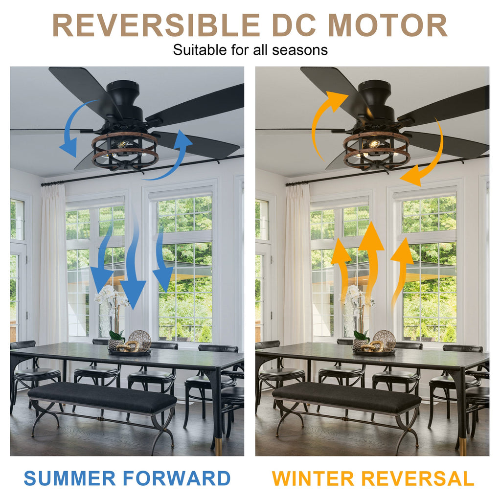 52 Inch Farmhouse Flush Mount Ceiling Fan with Lights and Remote, 6 Speeds DC Motor Reversible Low Profile Ceiling Fan for Living Room