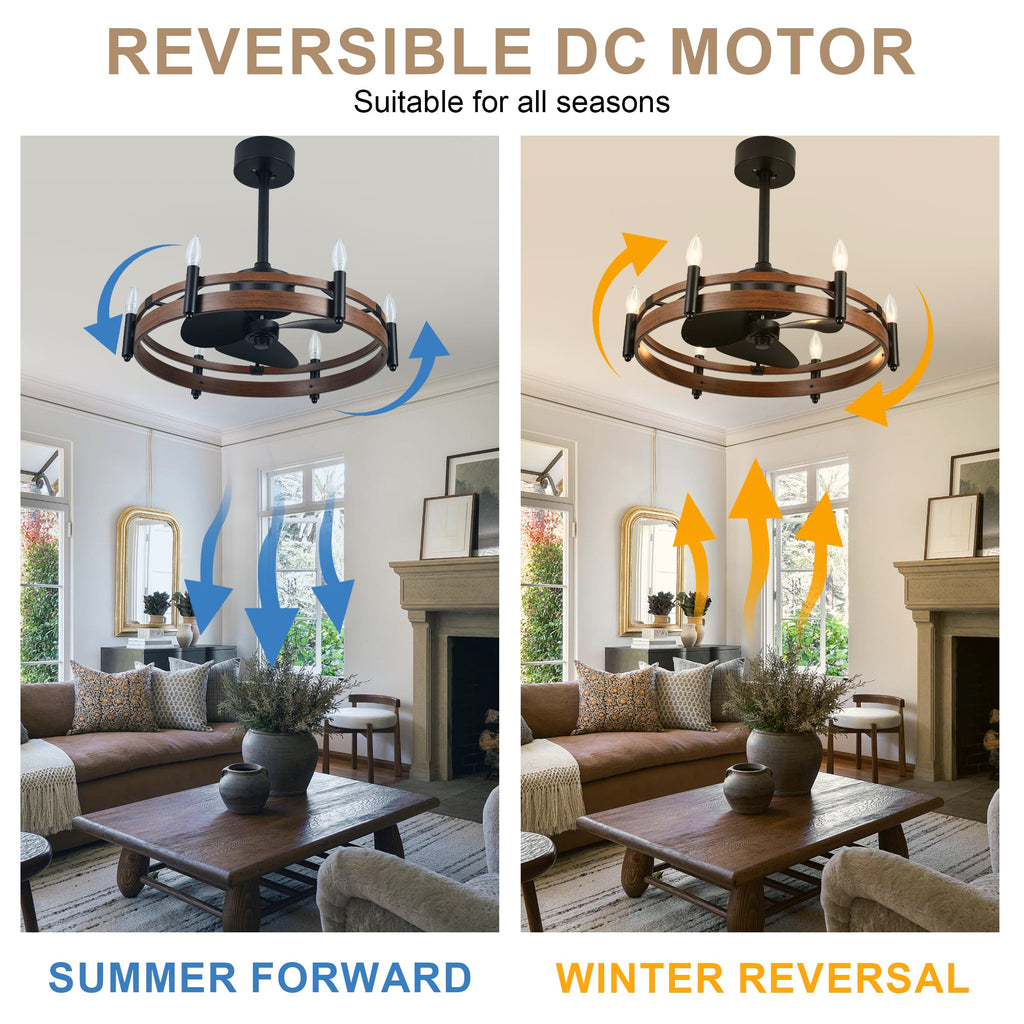 24 Inch Black Farmhouse Wagon Wheel Ceiling Fan with Lights and Remote, 6 Speeds DC Motor Reversible Bladeless Fandelier Ceiling Fan