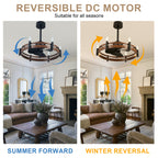 24 Inch Black Farmhouse Wagon Wheel Ceiling Fan with Lights and Remote, 6 Speeds DC Motor Reversible Bladeless Fandelier Ceiling Fan