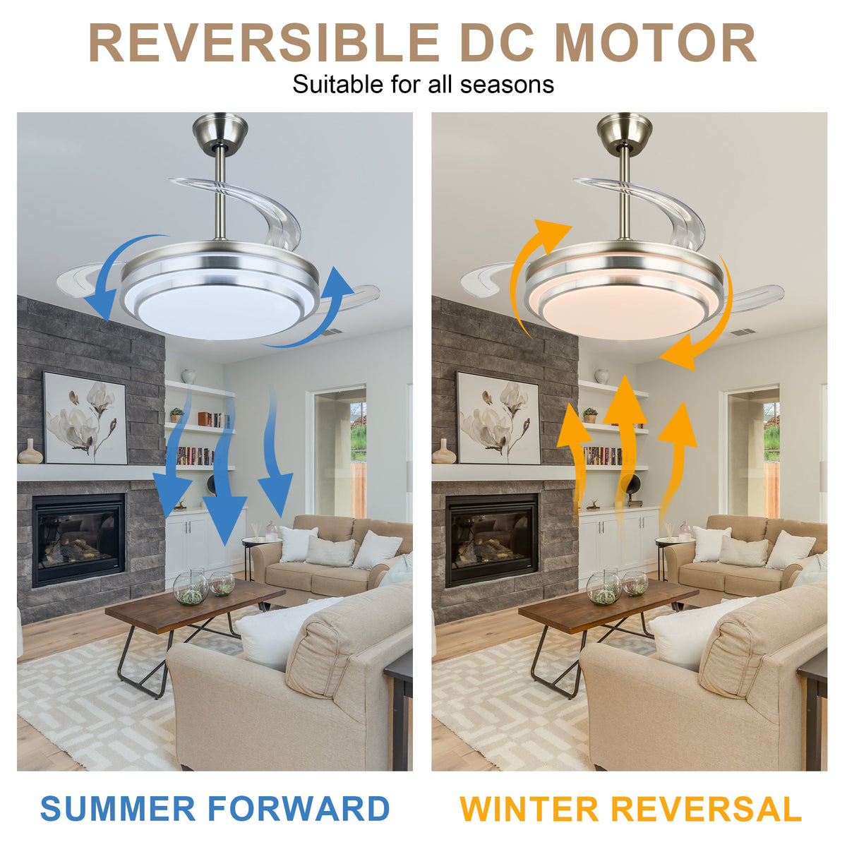 42 Inch Chrome Modern Retractable Ceiling Fan with Dimmable LED Light and Remote, 6 Speeds DC Motor Reversible Fandelier Ceiling Fan