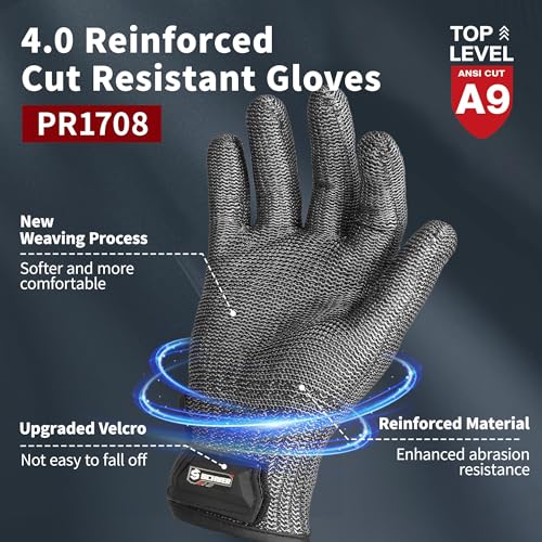 Schwer Ultimate Cut Resistant Gloves Beyond ANSI A9, Reinforced Stainless Steel Glove, Food Grade Mesh Metal Gloves for Butcher Meat Cutting, Oyster Shucking, Mandoline, PR1708 (L, 1 PCS) - size: Large (Pack of 1), style: 4.0 Reinforced Steel
