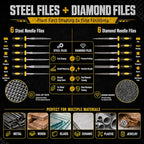 warmtree 28Pcs Metal File Set, Heavy Duty T12 Drop Forged Alloy Steel Files, Includes 4 Large Files, 6 Steel & 6 Diamond Needle File Set, 8 Sandpapers, Brush & Gloves, Metal Files for Wood, DIY