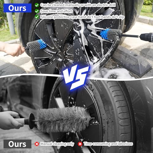 Wheel Brush, Soft Drill Wheel Cleaner Brush, Drill Brush for Car Wheel, No Scratches Highly Dense and Durable Car Wheel Brush Rim Tire Car Cleaning Brush for Wheels, Rims, Engines, Exhaust - color: Blue+grey