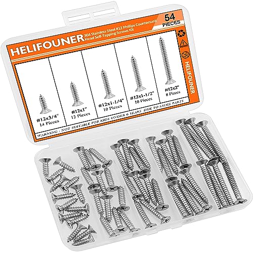 #12 x 3/4" 1" 1-1/4" 1-1/2" 2" Wood Screws Set, HELIFOUNER 54 Pieces Phillips Countersunk Head Self-Tapping Screws Assortment Kit, Phillips Flat Head Wood Screws, 304 Stainless Steel - size: #12