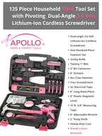 Apollo Tools 135 Piece Household Tool Set, Pink DT0773N1 - color: Pink, size: 135-Piece