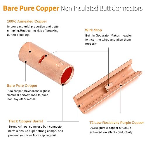 SVAAR 115 PCS 26-8 AWG Non-Insulated Butt Connectors Crimp Repair Butt Splices Kit, Uninsulated Butt Splice Connectors for 26 to 8 Gauge Wire, Heavy Duty Pure Copper Seamless Barrel Butt Terminals - color: Non-Insulated Splice - Bare Copper