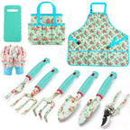 Garden Tools Set, JUMPHIGH 10 PCS Heavy Duty Gardening Tools Includes Hand Trowel Rake Weeder Pruner, Gardening Gifts for Women, Garden Kit with Tote Bag, Apron, Gloves, Kneeling Pad - color: Blue Green