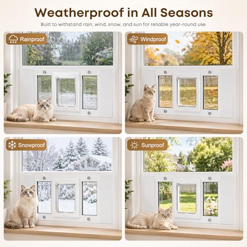 Cat Door for Window, Adjustable 27"-32", 4 Locking Modes + Extra Security Lock for Outside Safety, Window Pet Door with Magnetic Self-Closing, No-Drill Installation, Weatherproof Aluminum Frame Insert - size: 27-32 inches
